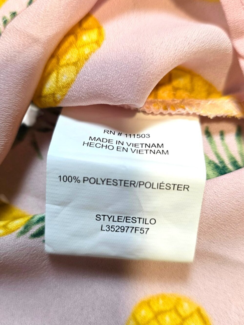 Lily White Women’s Short Sleeve Sheer Pink Pineapple Pattern Front Tie Button Up - Picture 7 of 9